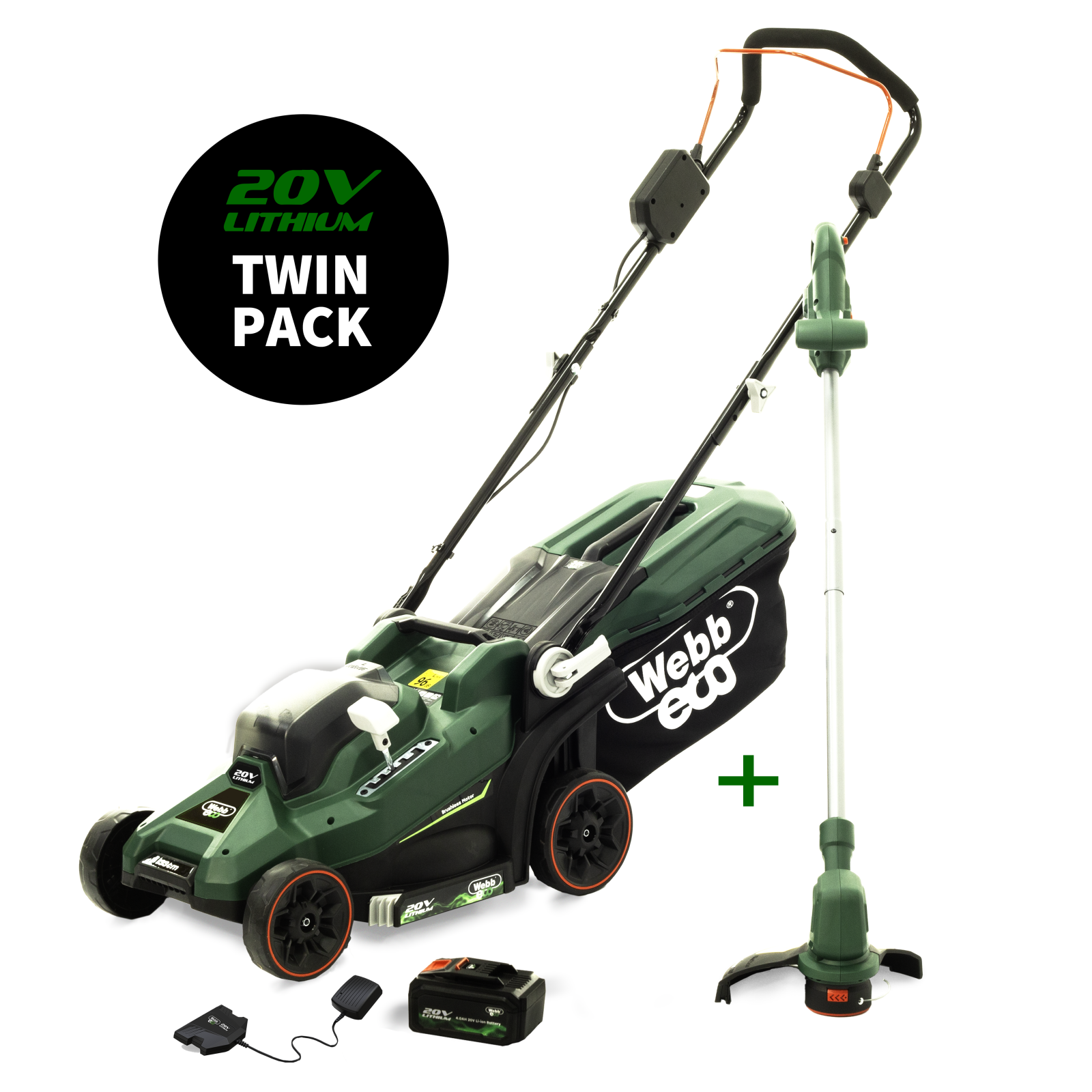 Webb 20V 33cm (14") Cordless Rotary Lawnmower plus 20V 25cm  Line Trimmer (4AH Battery & Charger)