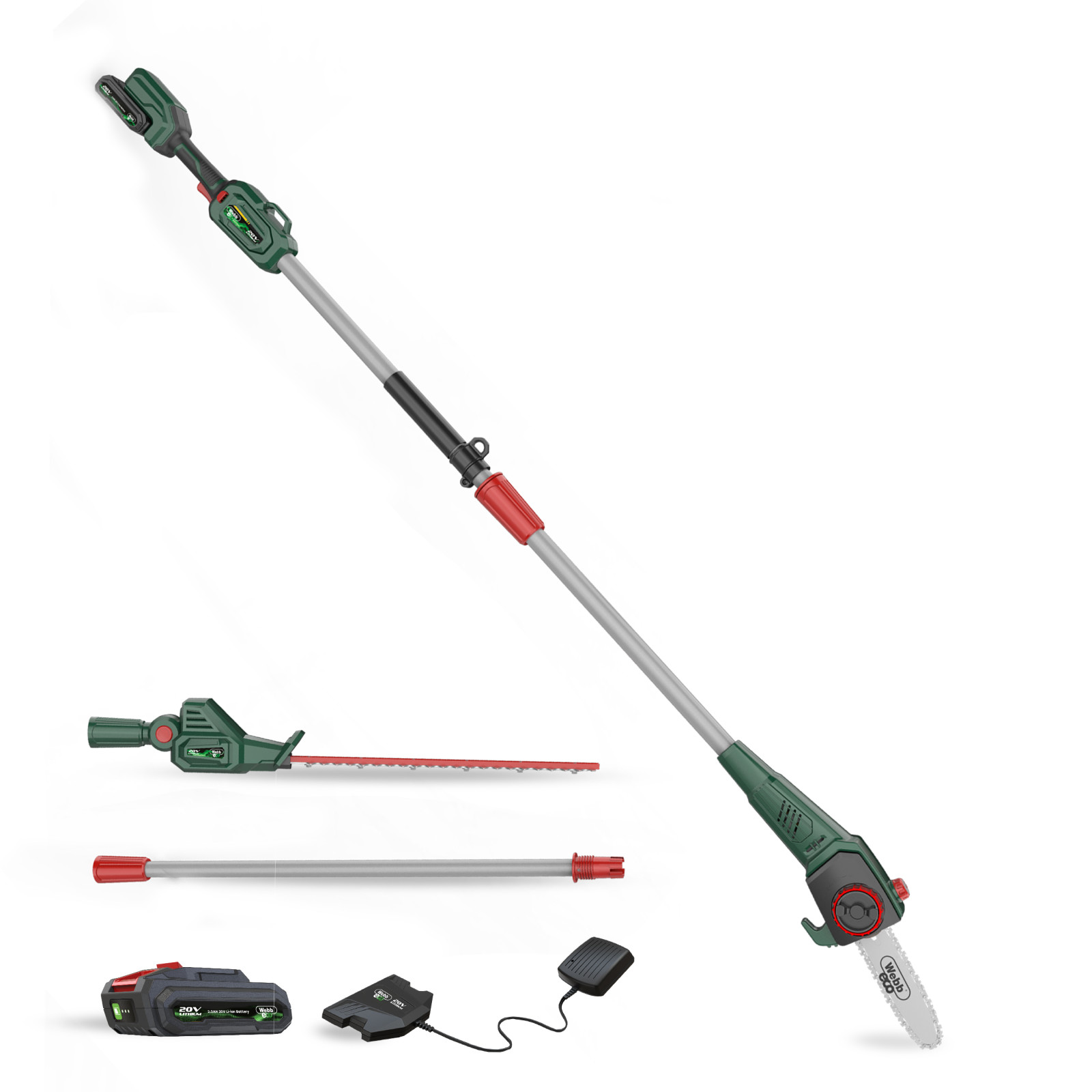 Webb 20V 50cm (20") Cordless Long Reach Hedge Trimmer & Pruner (2Ah Battery & Charger)