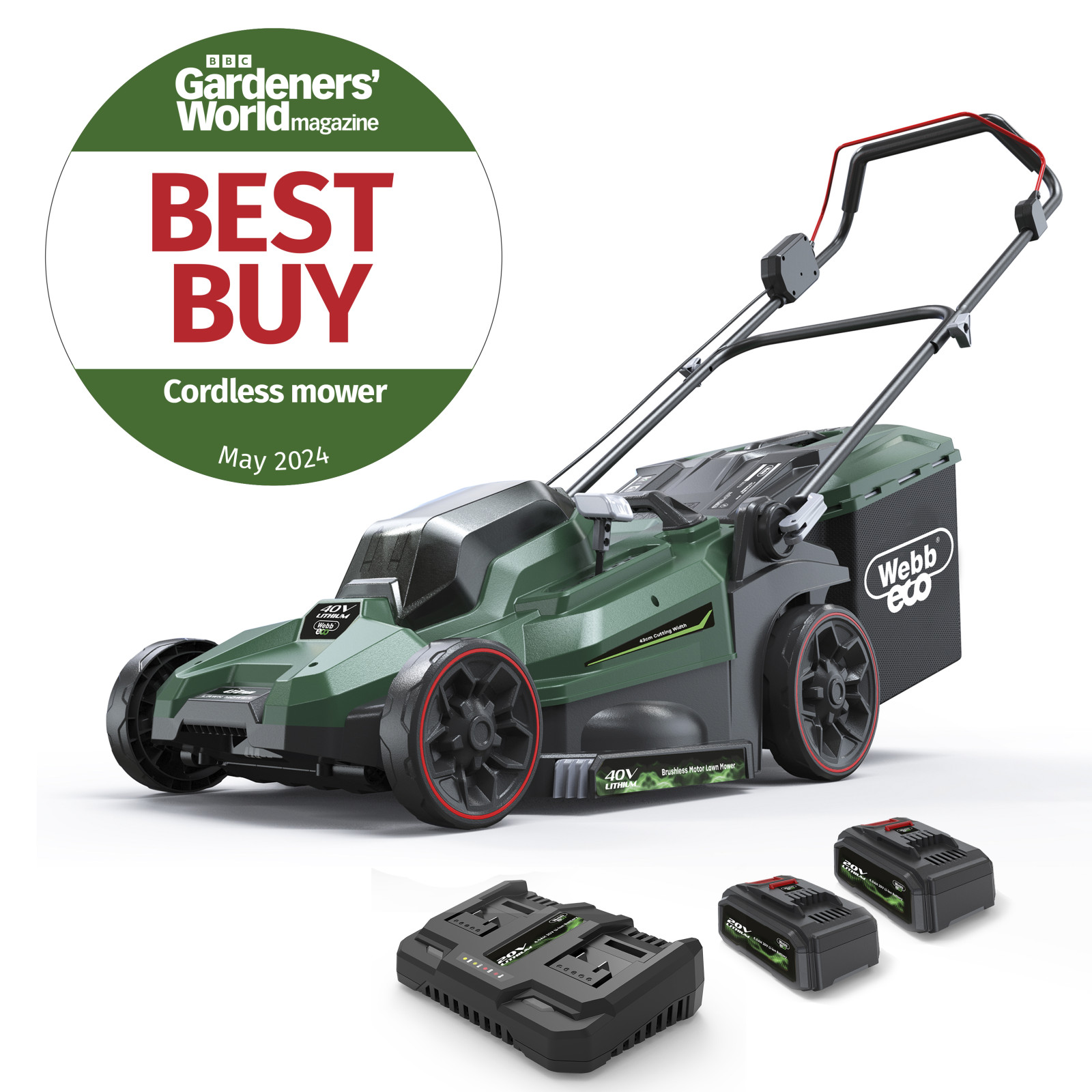 Webb 40V (2 x 20V) 43cm (17") Cordless Rotary Lawnmower (2 x 4Ah Battery & Charger)