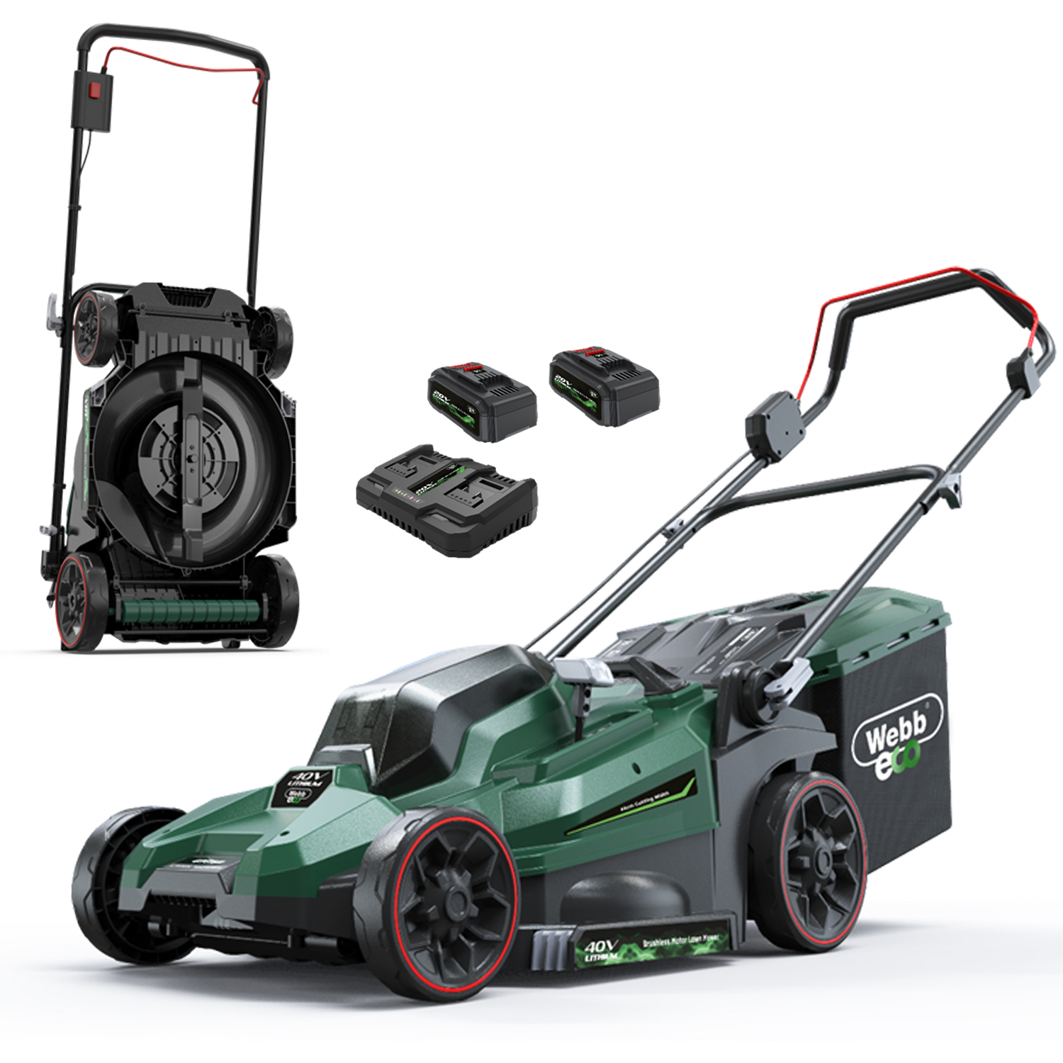 Webb 40V (2 x 20V) 38cm (15") Cordless Rear Roller Rotary Lawnmower (2 x 4Ah Batteries & Charger)
