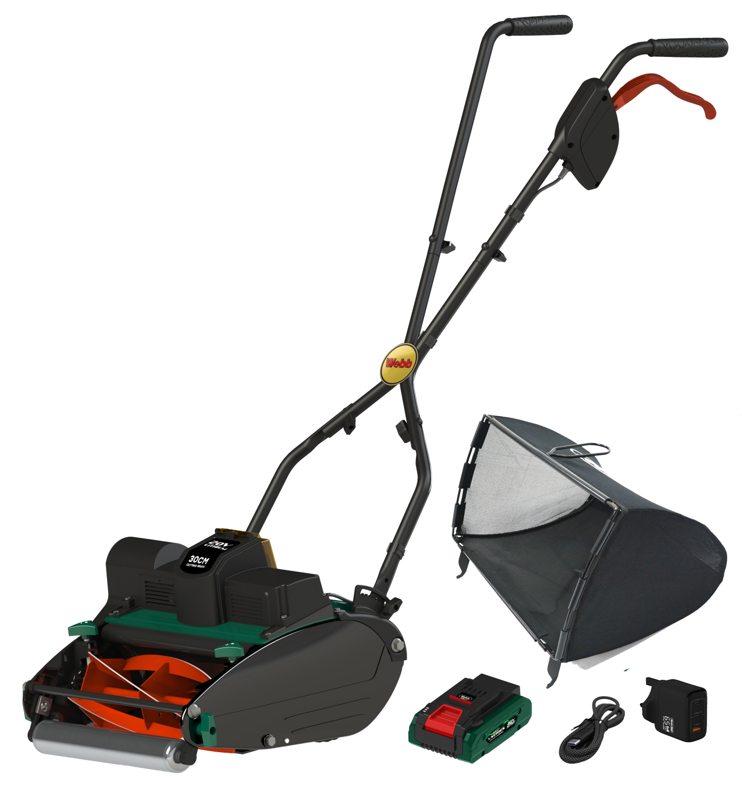Webb 20V 30cm Cordless Cylinder Lawnmower (4Ah Battery & Charger)