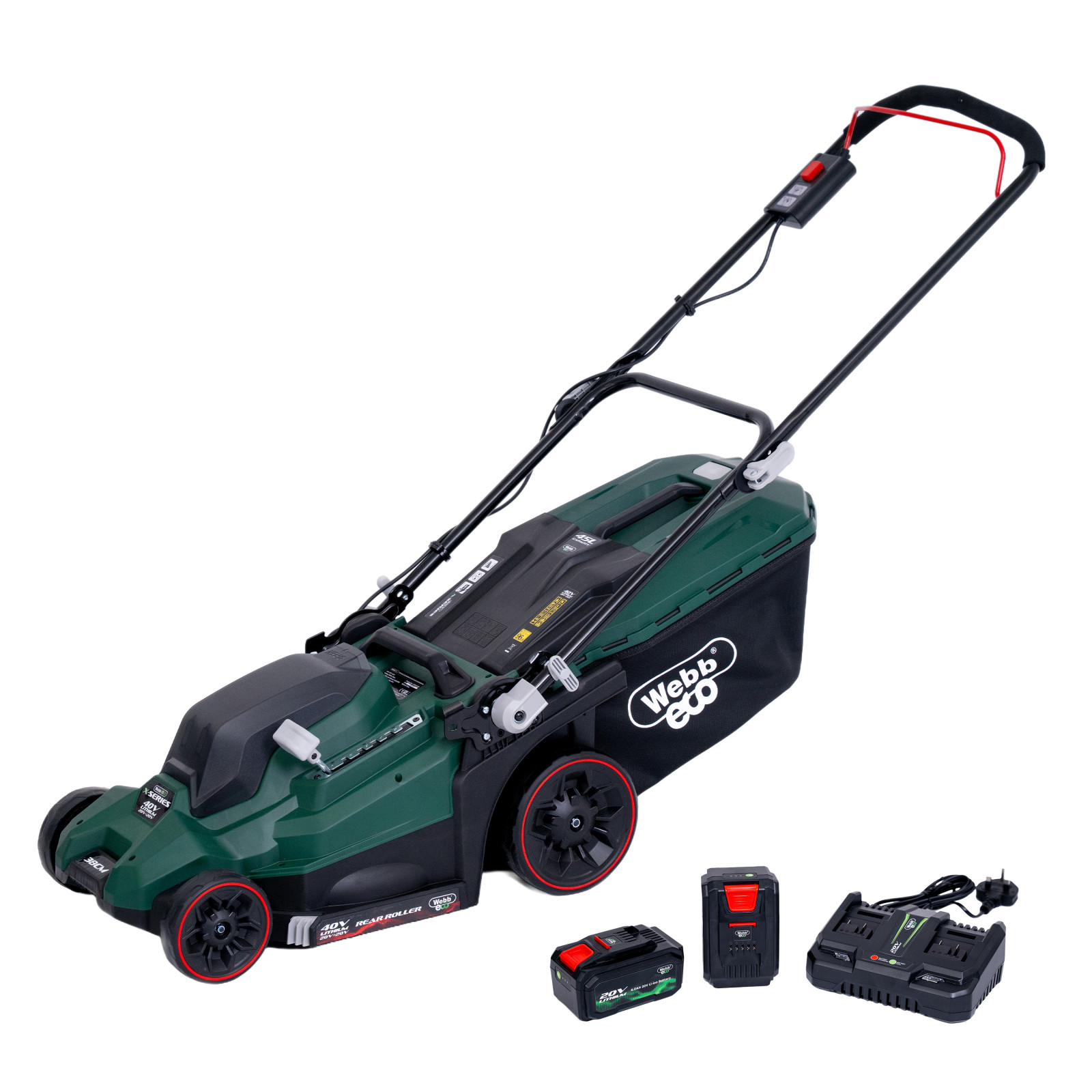 Webb 40V (2 x 20V) 38cm (15") Cordless Rear Roller Rotary Lawnmower (2 x 4Ah Batteries & Charger)