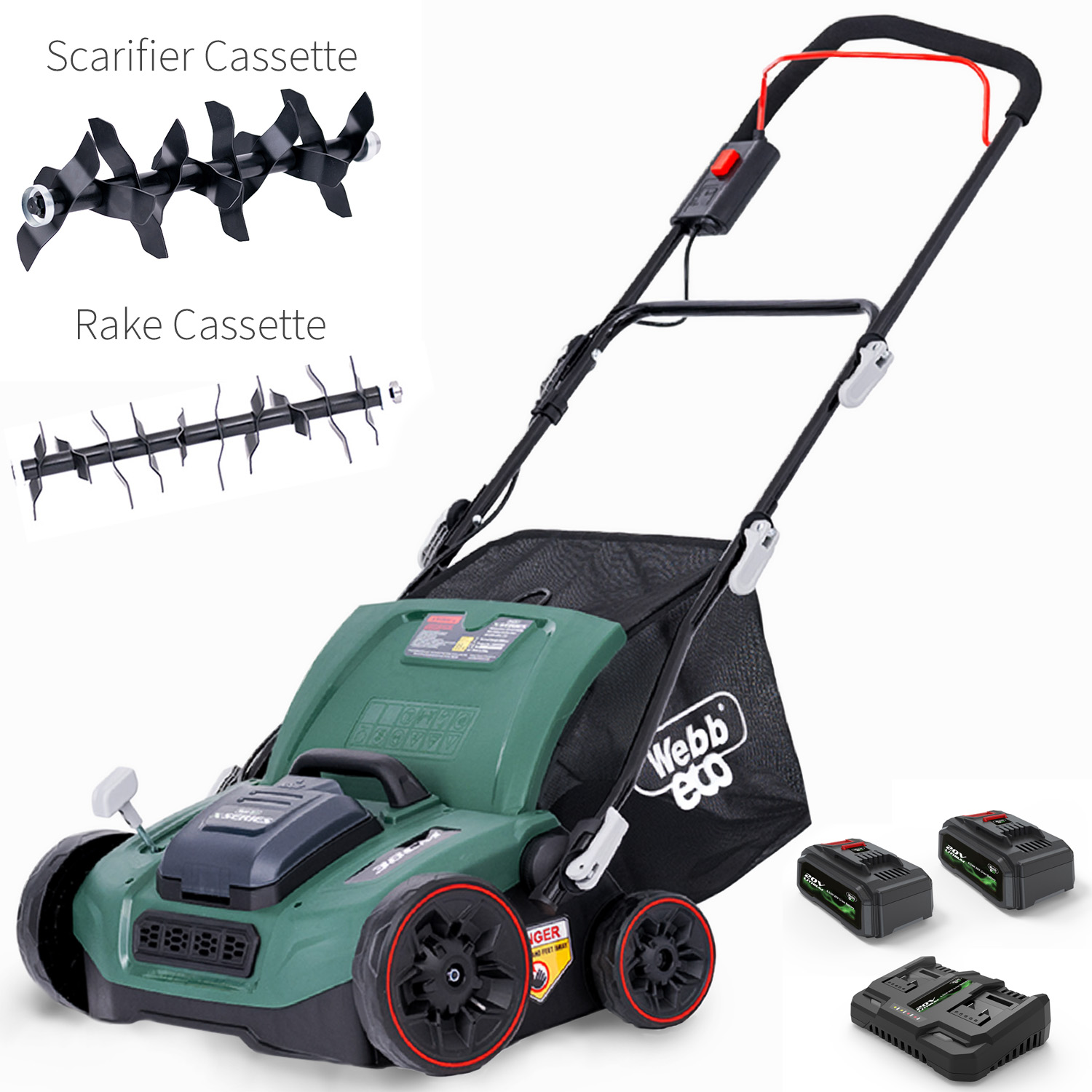 Webb 40V (2 x 20V) 38cm (15")Cordless Scarifier Rake (2 x 4Ah Batteries & Charger)