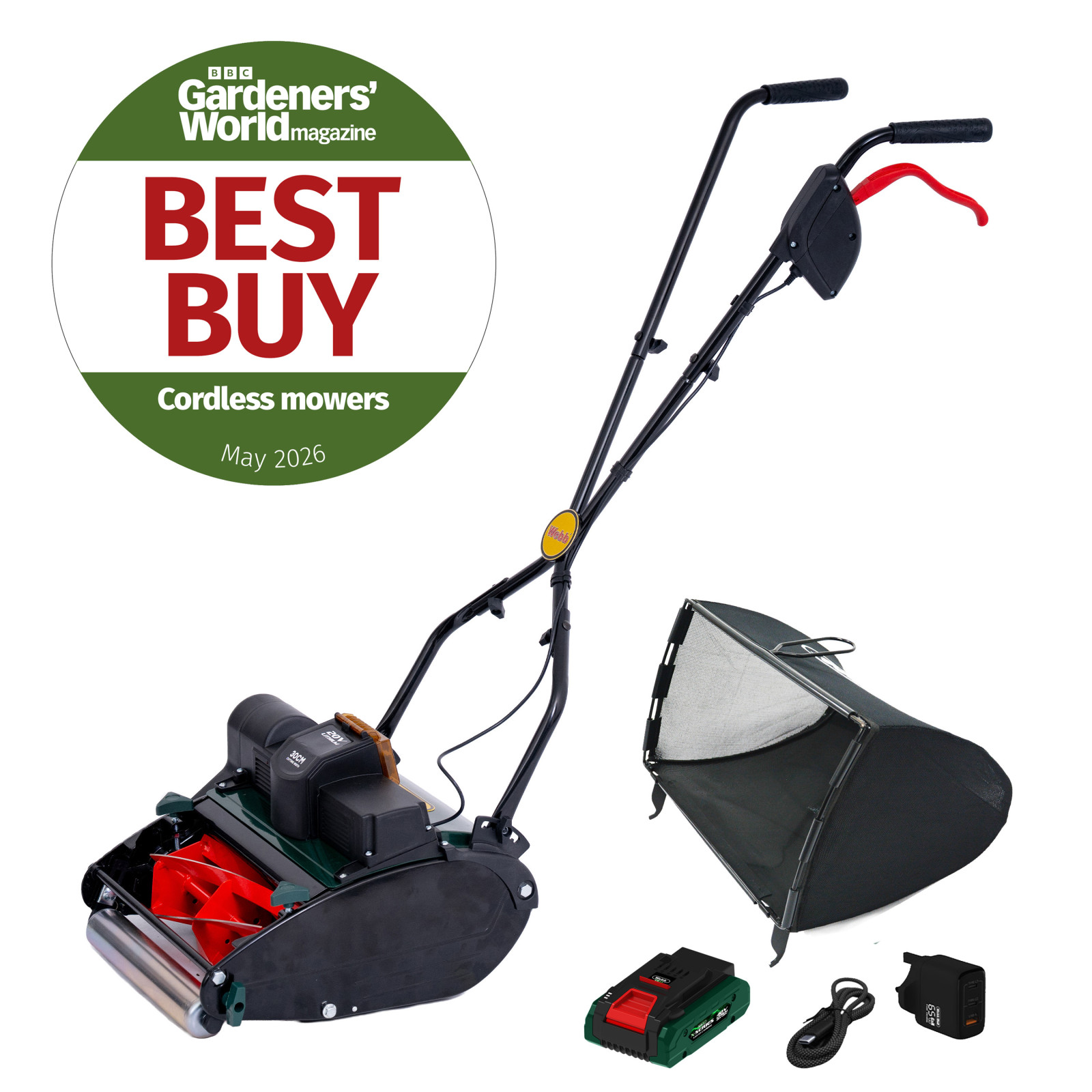 Webb 20V 30cm Cordless Cylinder Lawnmower (4Ah Battery & Charger)