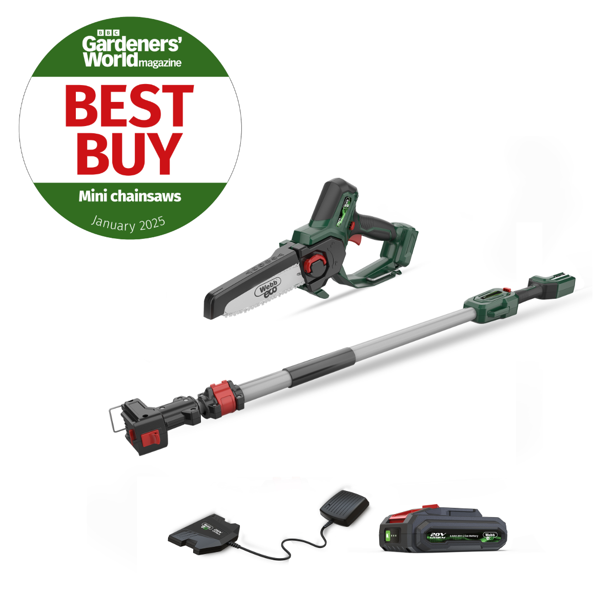 Webb 20V 15cm (6") Cordless Pruning Saw with Extension Pole (2Ah Battery & Charger)
